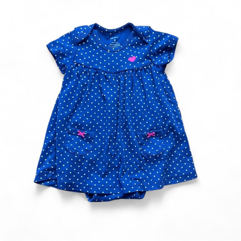 Blue Polka Dot Baby Dress with Pink Accents Size 9 Months